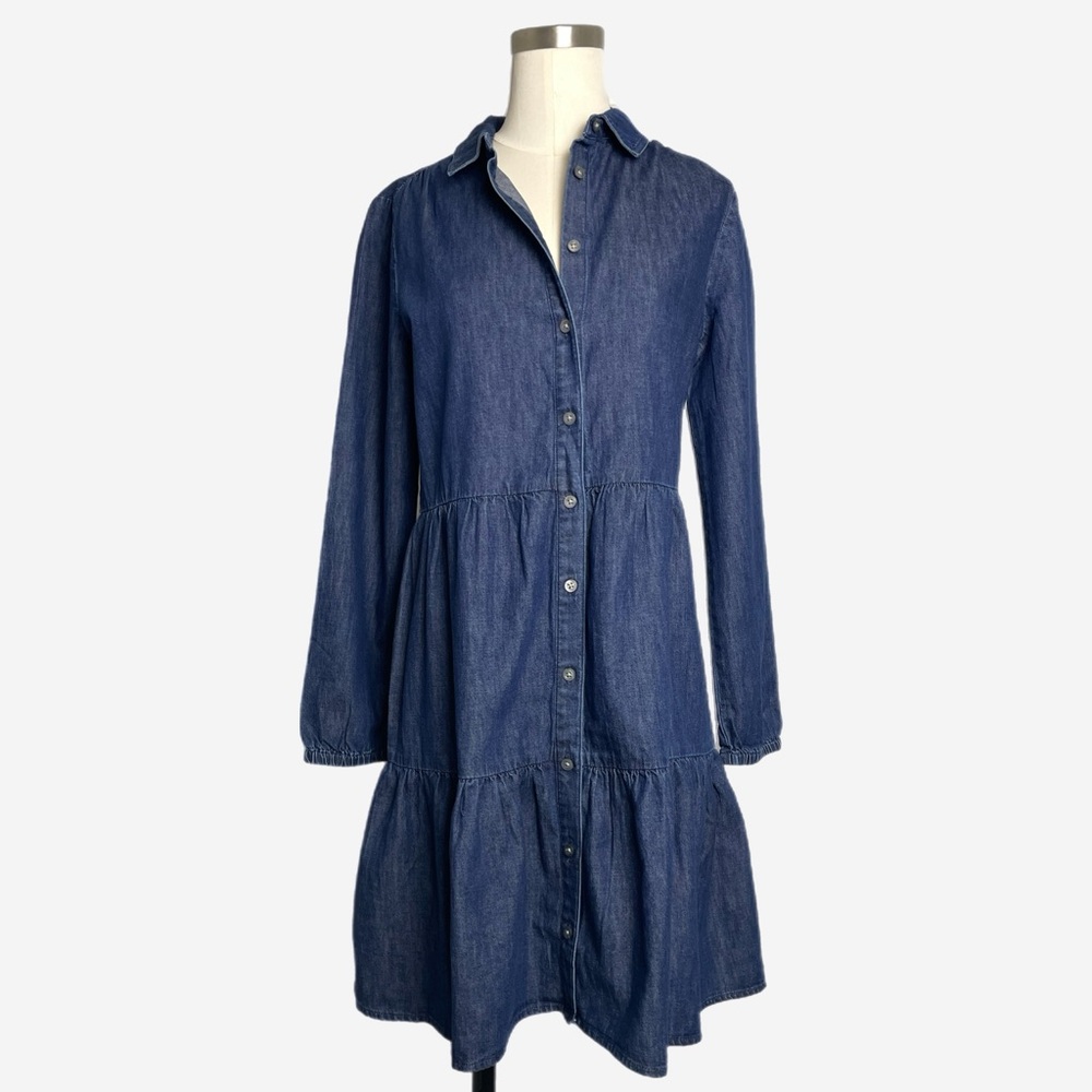 Jcrew Factory NWT Blue chambray collared tiered mini shirtdress teacher preppy 4
